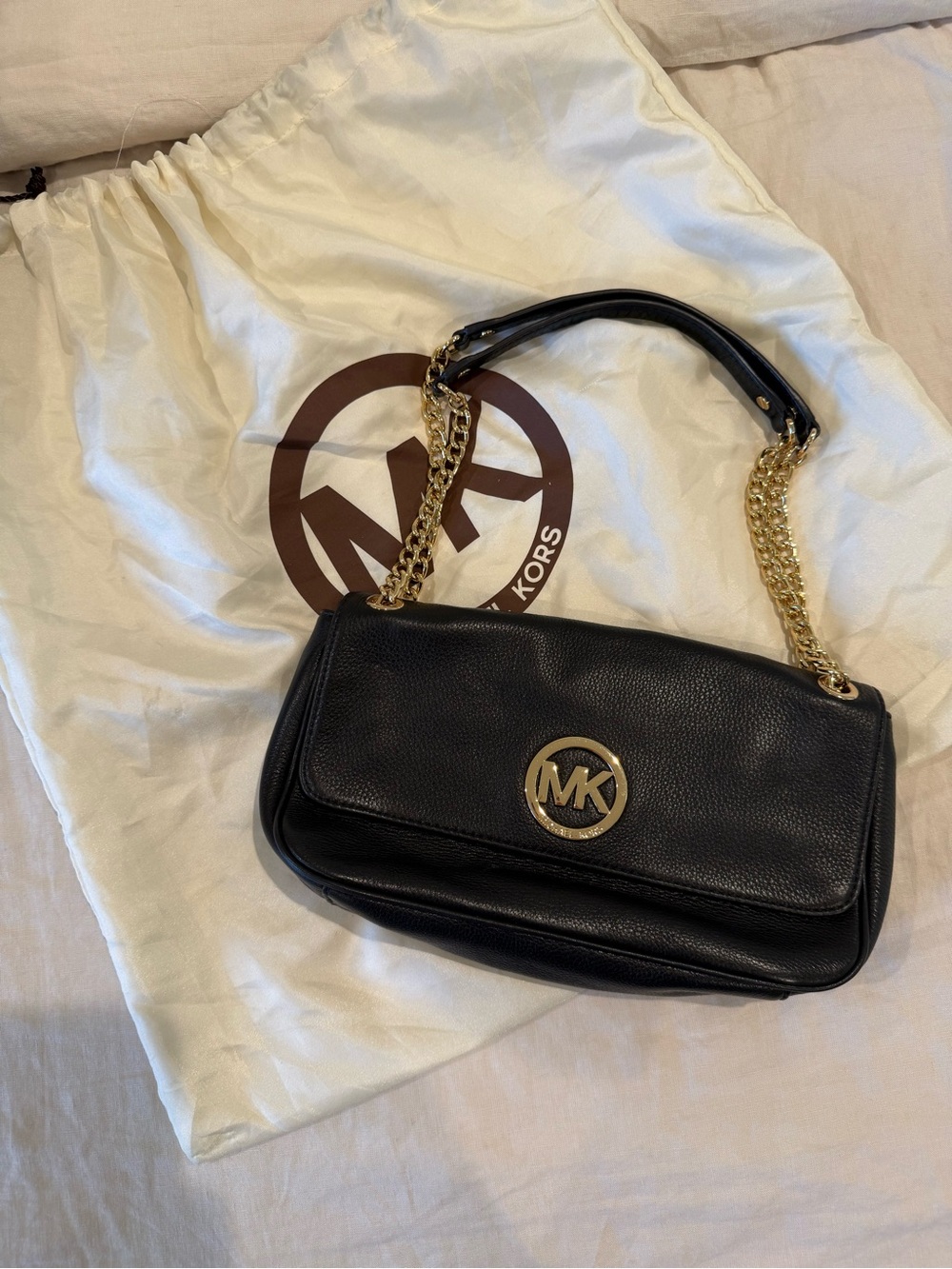 Michael Kors Black Leather Shoulder Bag with Gold Hardware